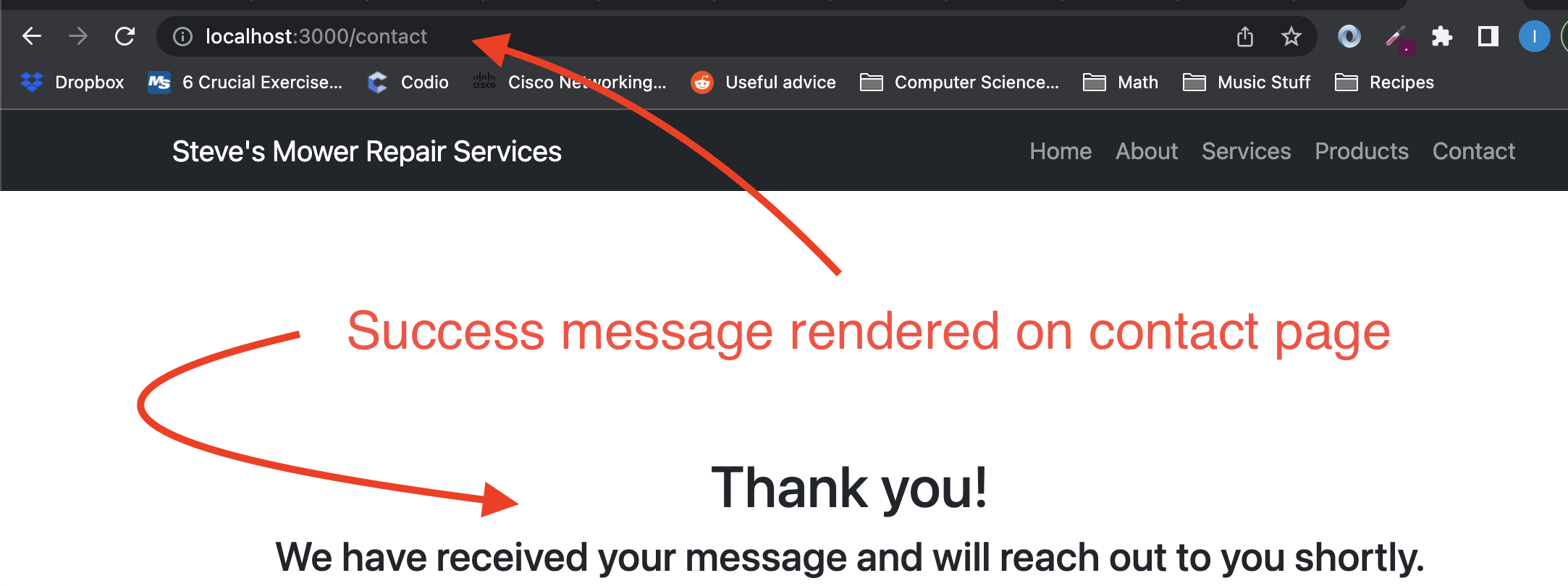 Image showing success message on contact form